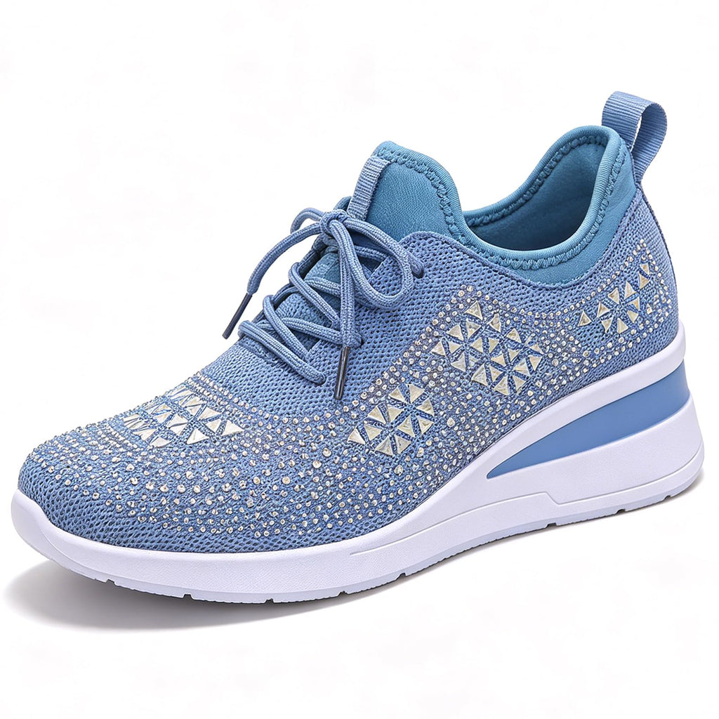 Glitter Rhinestone Wedge Sneakers with Lace-Up for Women Fashion Shiny Sequin Comfort Orthopedic Breathable Mesh Round Toe Soft Sole Tennis Walking Shoes