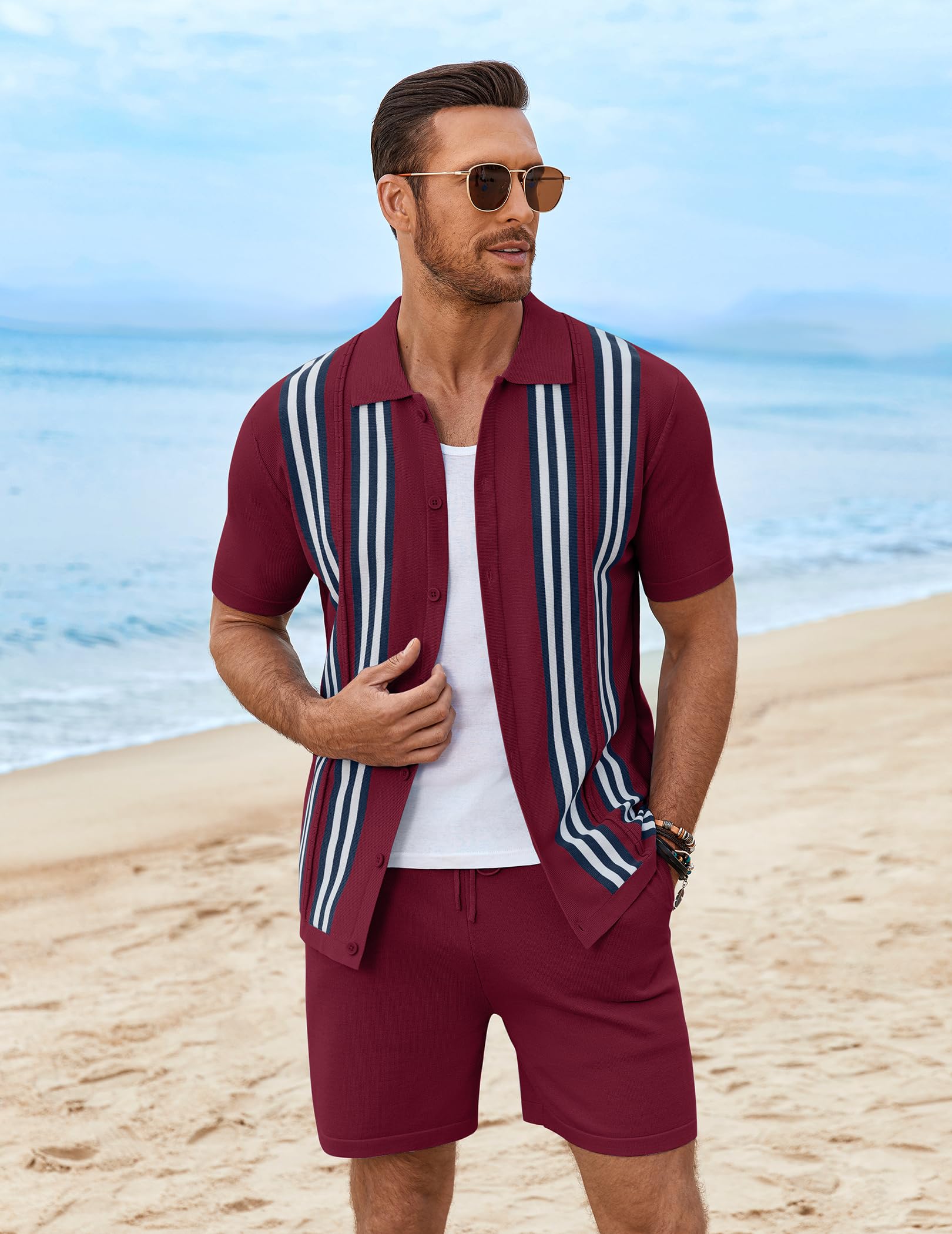 COOFANDY Men's 2 Piece Outfits Summer Short Sets Vintage Knit Button Down Shirt Short Sleeve Polo Casual Beach Suits