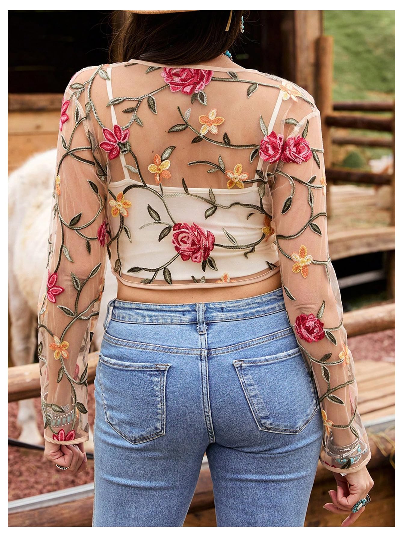 OYOANGLE Women's Floral Embroidered Sheer Bolero Open Front Crop Jackets | Long Sleeve Mesh Summer Cardigan Tops, Wedding Guest, Shrugs for Dresses, Boho Holiday Cover Up