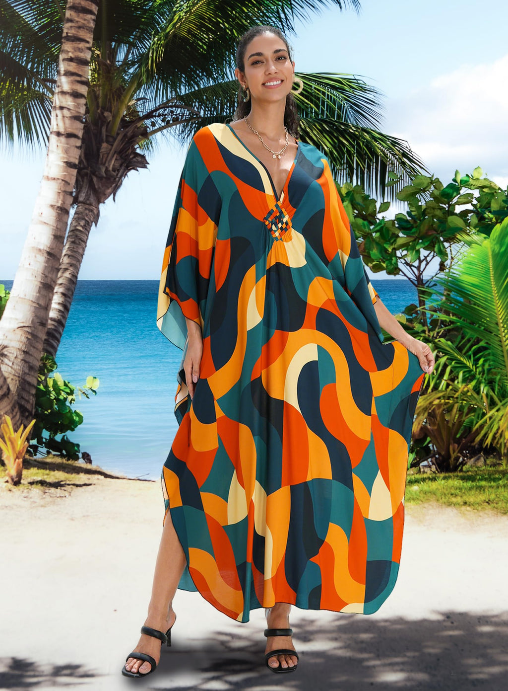 Yanziliu Kaftan Dress for Women,Plus Size Hawaiian Batwing Sleeve Beach Cover Up Summer Swimsuit Dresses