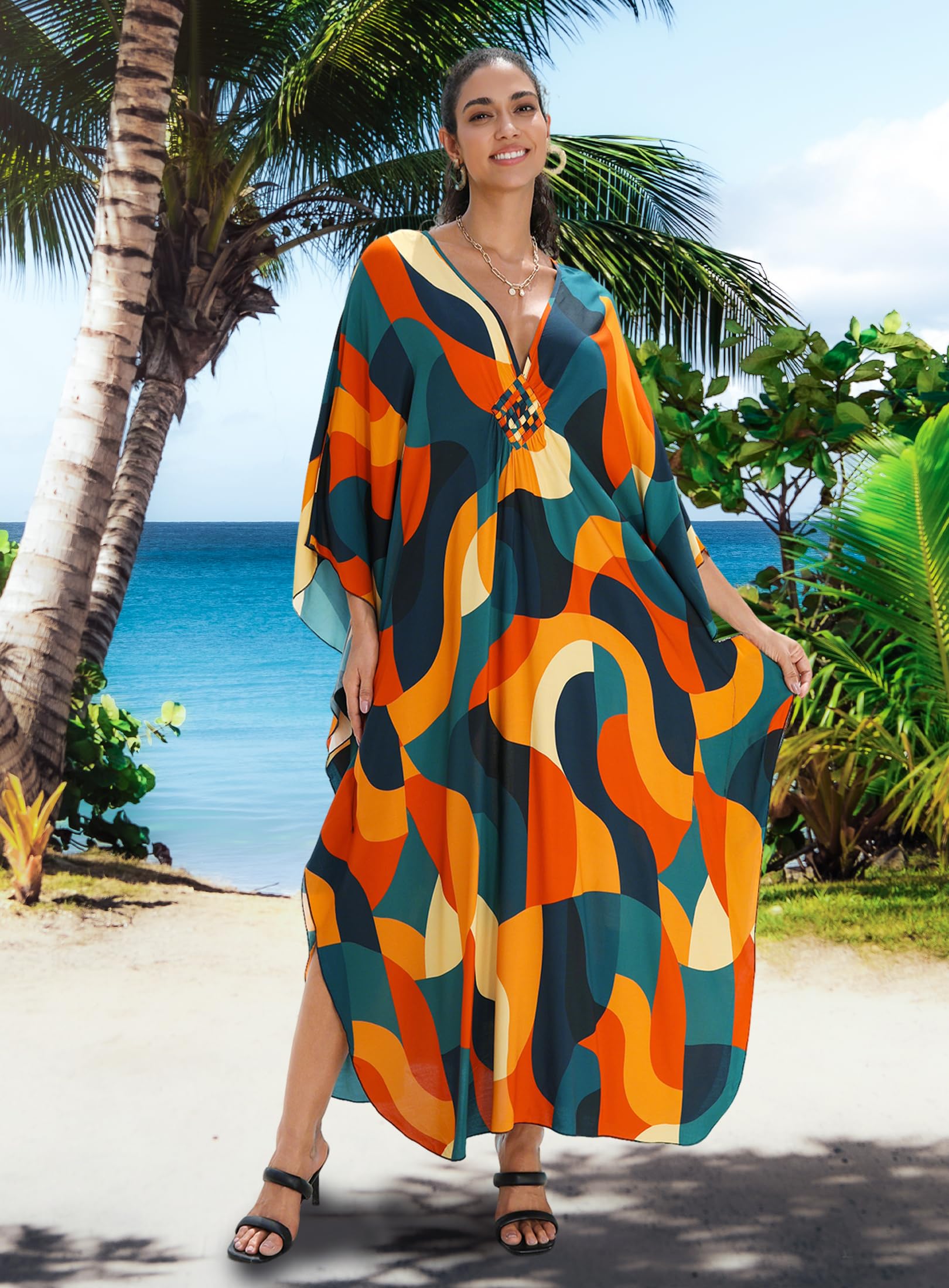 Yanziliu Kaftan Dress for Women,Plus Size Hawaiian Batwing Sleeve Beach Cover Up Summer Swimsuit Dresses