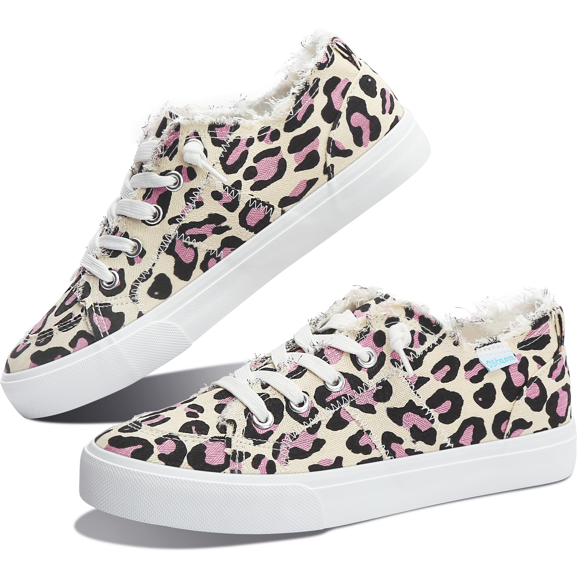 Obtaom Women's Play Fashion Sneaker White Color Washed and Leopard Canvas Slip on Shoes