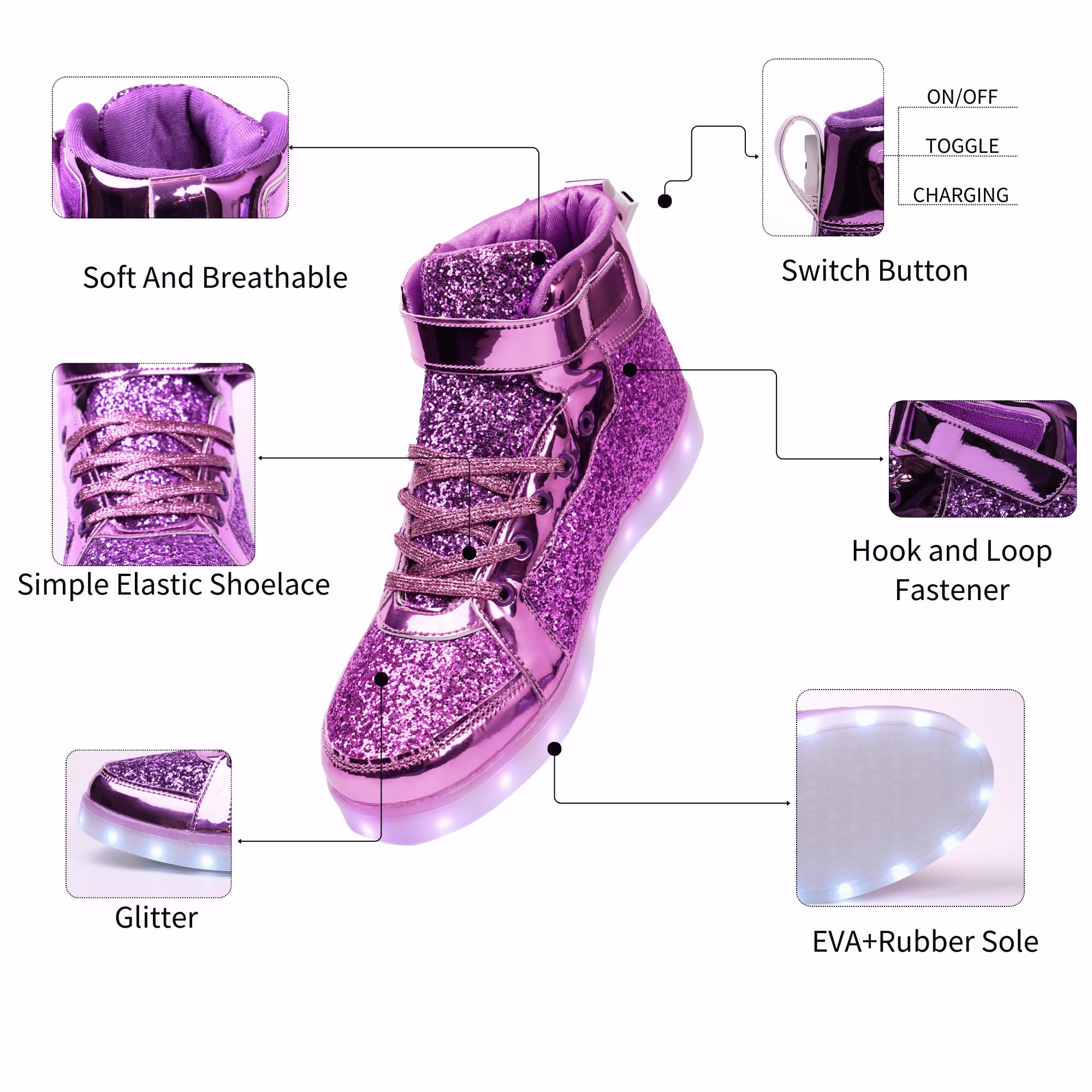 Glitter Led Shoes Light Up Shoes High Top Sneakers for Women Men Flashing Dancing Shoes for Halloween Christmas Party with USB Charging