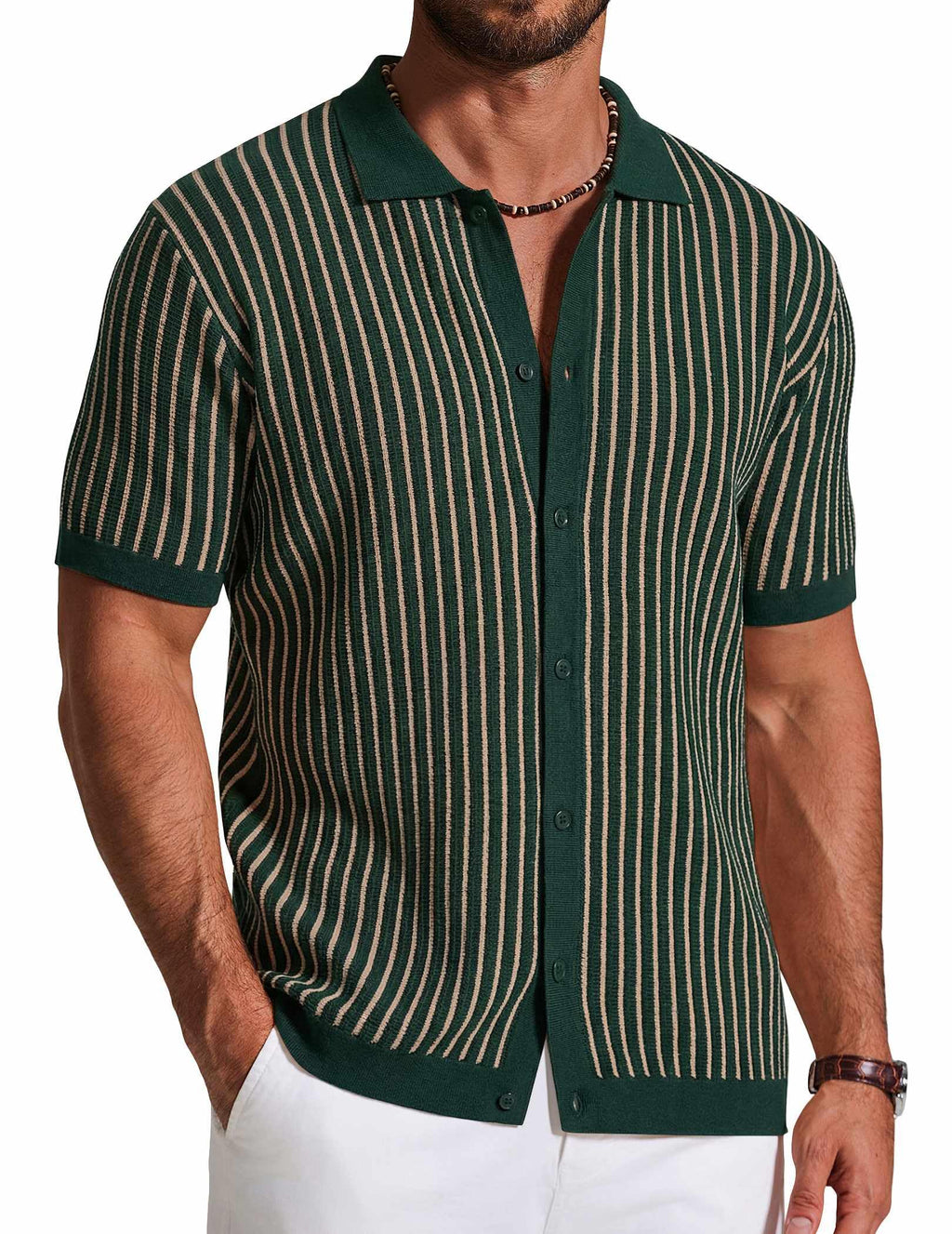 COOFANDY Mens Knit Button Down Shirts Short Sleeve Polo Shirt Vintage Striped Casual Shirts