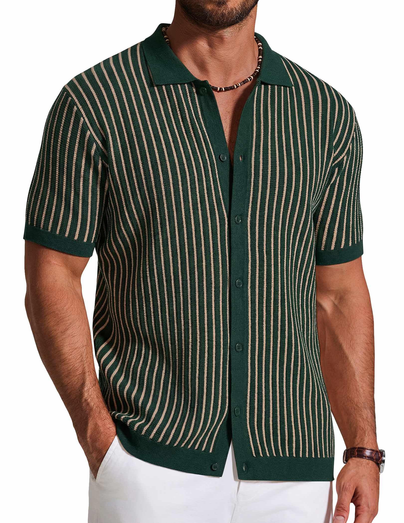 COOFANDY Mens Knit Button Down Shirts Short Sleeve Polo Shirt Vintage Striped Casual Shirts