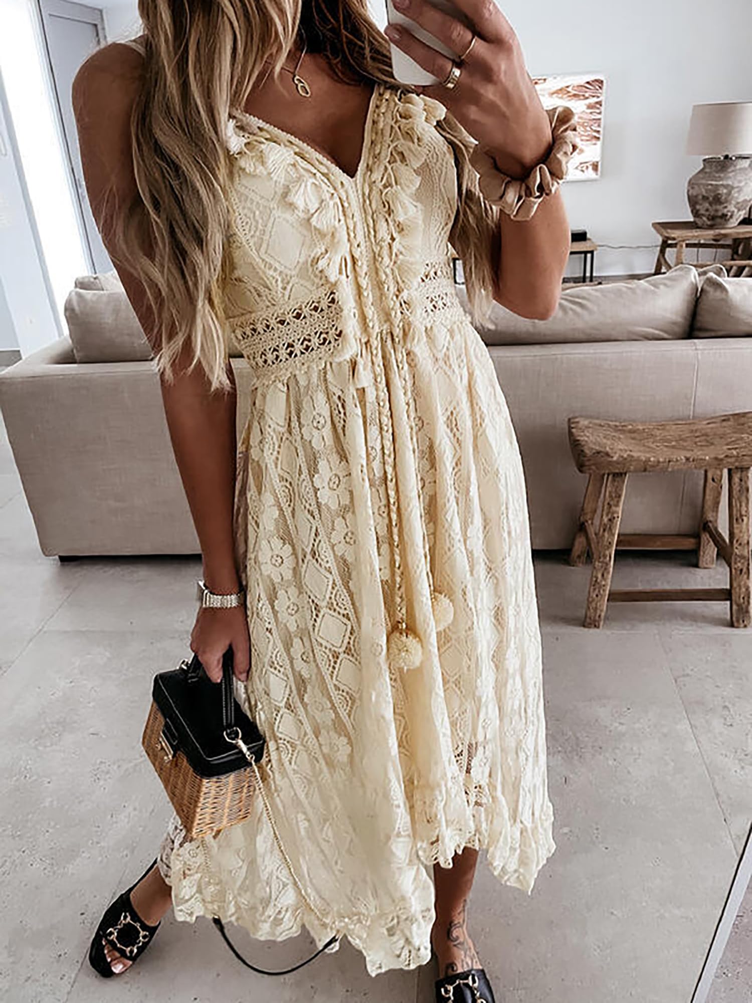 CUPSHE Womens Lace Summer Maxi Dresses 2026 Beach Wear | V Neck Spaghetti Straps Sundress, Tassel, Boho Pom Poms, Flowy Vacation Outfits, Resort Wear, Graduation Wedding Guest Looks