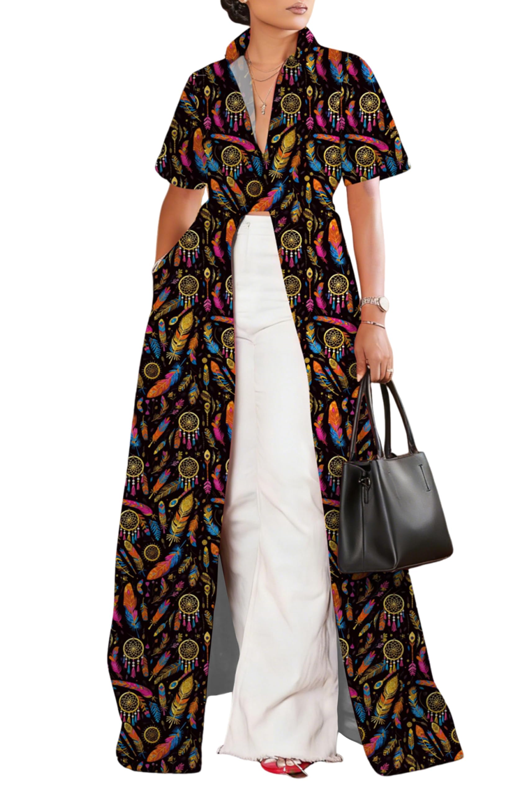 Summer Womens Top Maxi Long Short Sleeve V Neck Zip Up Casual Blouse Kimono Tee Shirt Dress with Pocket for Women