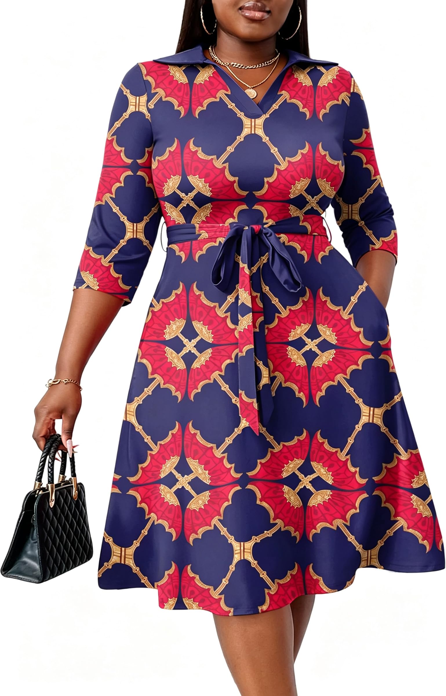 FANDEE Plus Size Midi Dress for Women Casual - Fit and Flare Summer Dresses | Semi Formal,African Print,Polo Collar Cocktail Dress,With Pockets And Belt