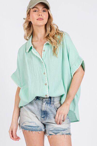 SAGE+FIG Boho Contrast Zigzag Trim Button-Up Shirt