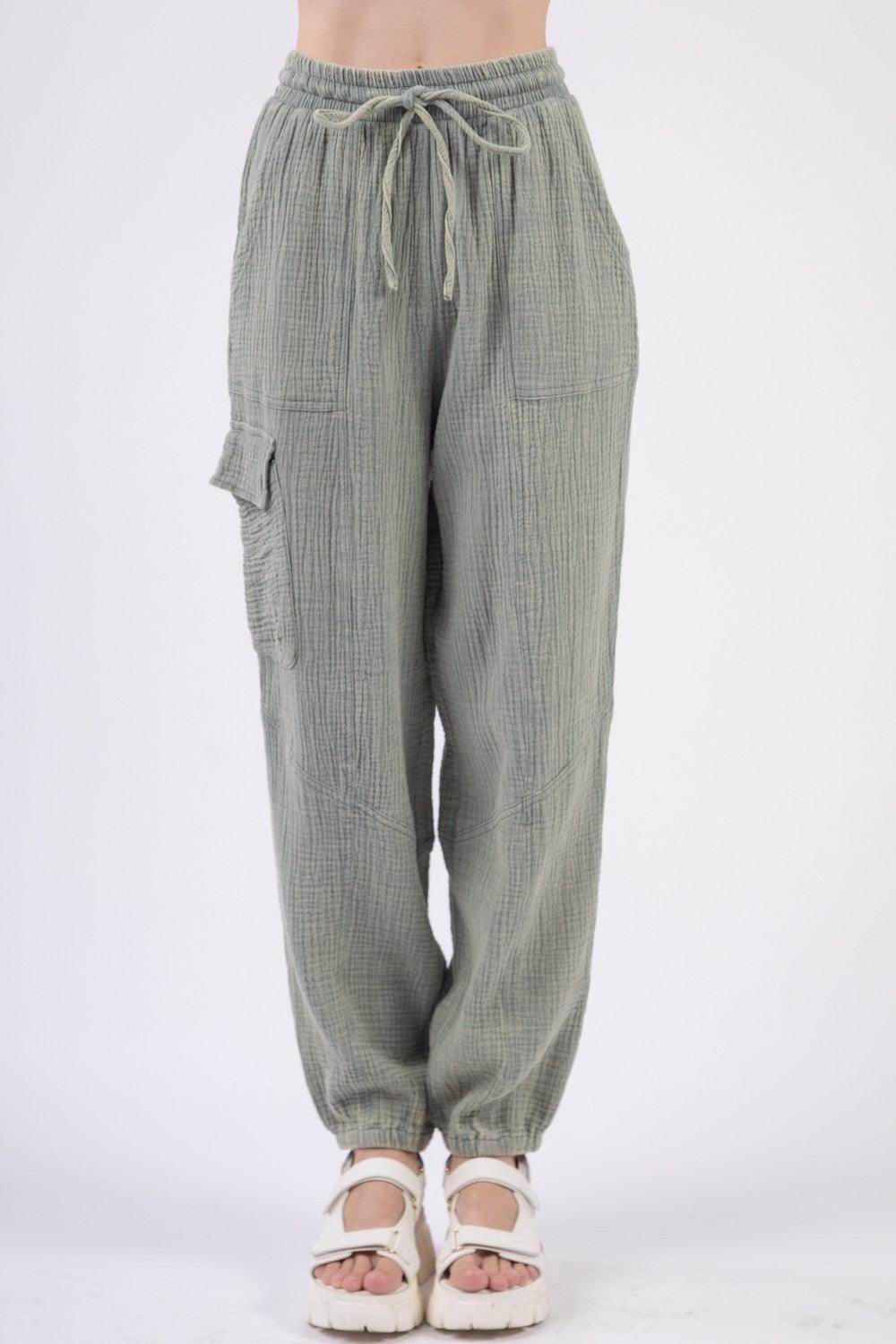 Very J Washed Woven Crinkle Gauze Drawstring Pants