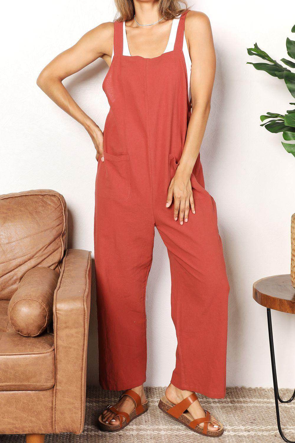 Perfee Wide Leg Overalls with Front Pockets for Women