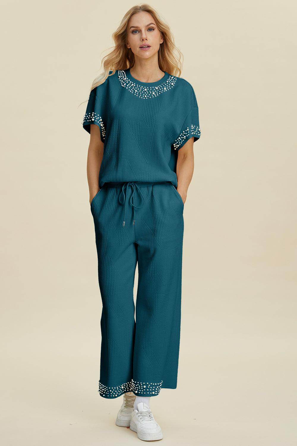 Double Take Full Size Pearl Detail Round Neck Top Pants Set