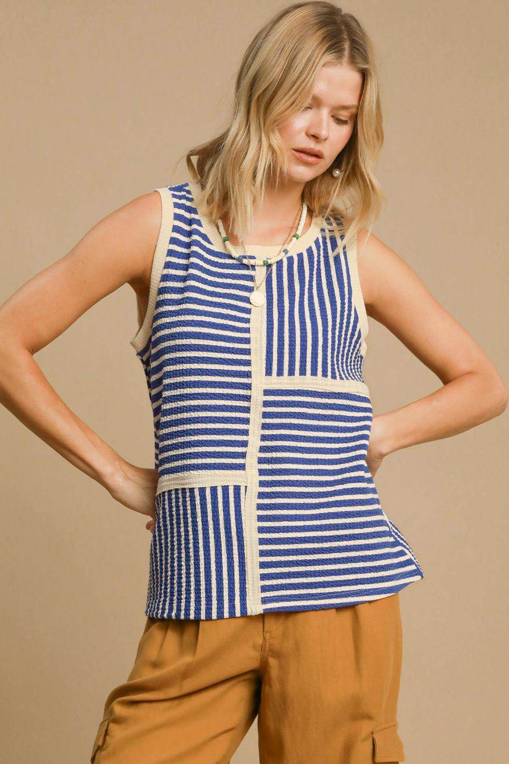 Umgee Round Neck Texture Striped Tank Top for Women