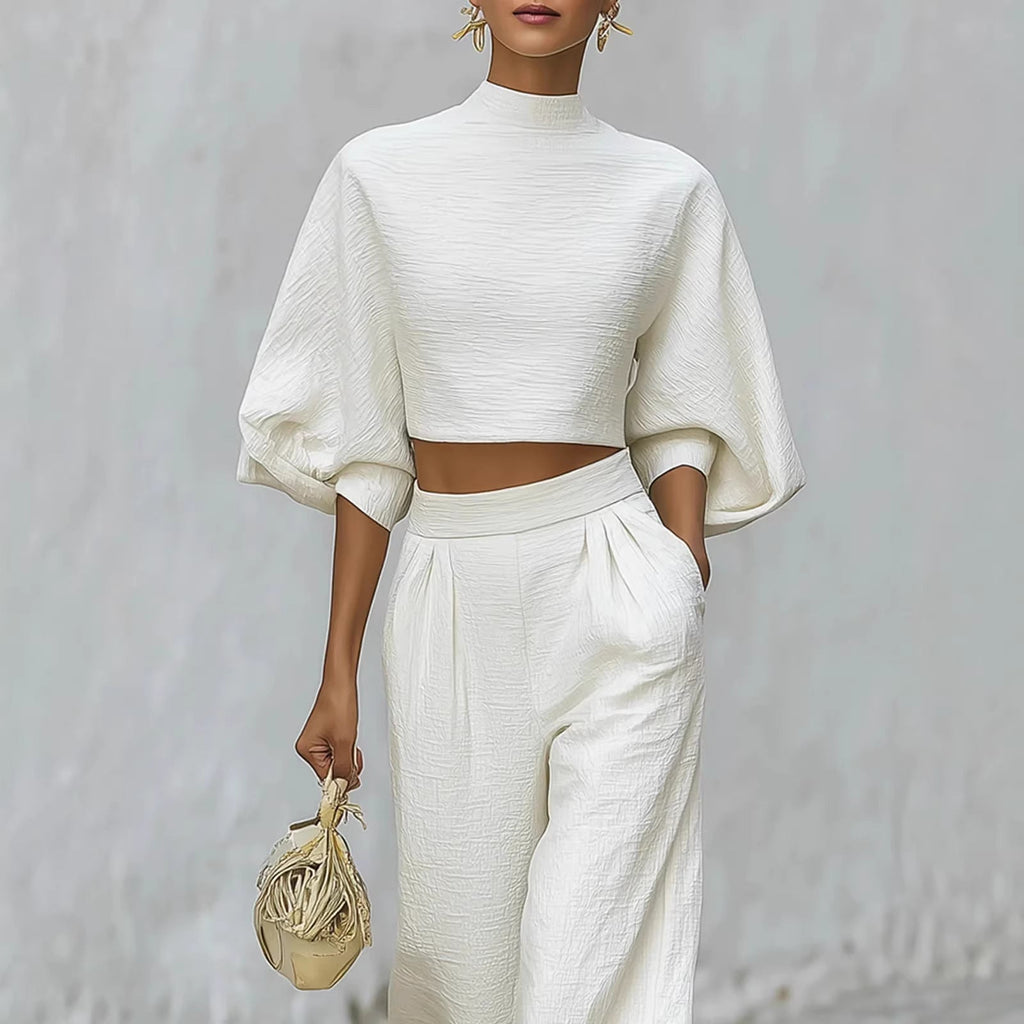 Women’s Short Top & High-Waisted Pants Set – Casual Two-Piece Outfit