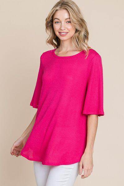 BOMBOM Round Neck Waffle Knit T-Shirt for Cozy Comfort