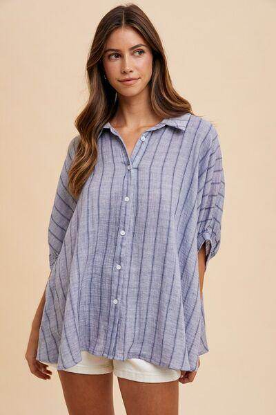 Annie Wear Striped Button Up Half Sleeve Shirt for Women