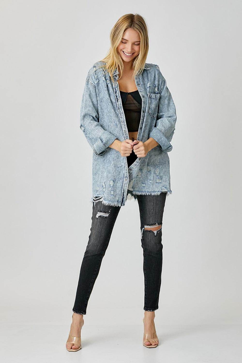 RISEN Distressed Raw Hem Denim Shirt for Casual Style