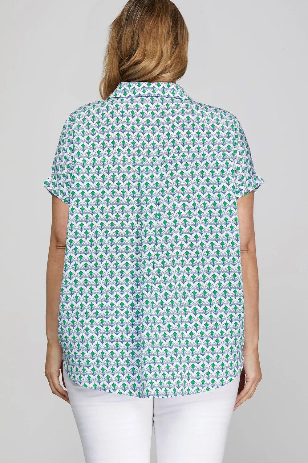She + Sky Full Size Printed Johnny Collar Short Sleeve Blouse Plus Size