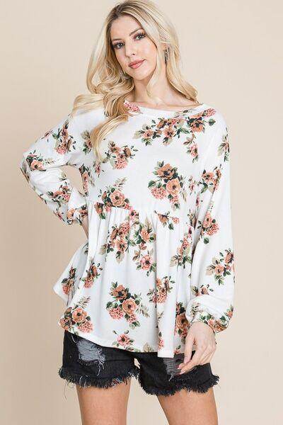 Super Lady Full Size Babydoll Floral Boat Neck Blouse