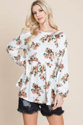 Super Lady Full Size Babydoll Floral Boat Neck Blouse