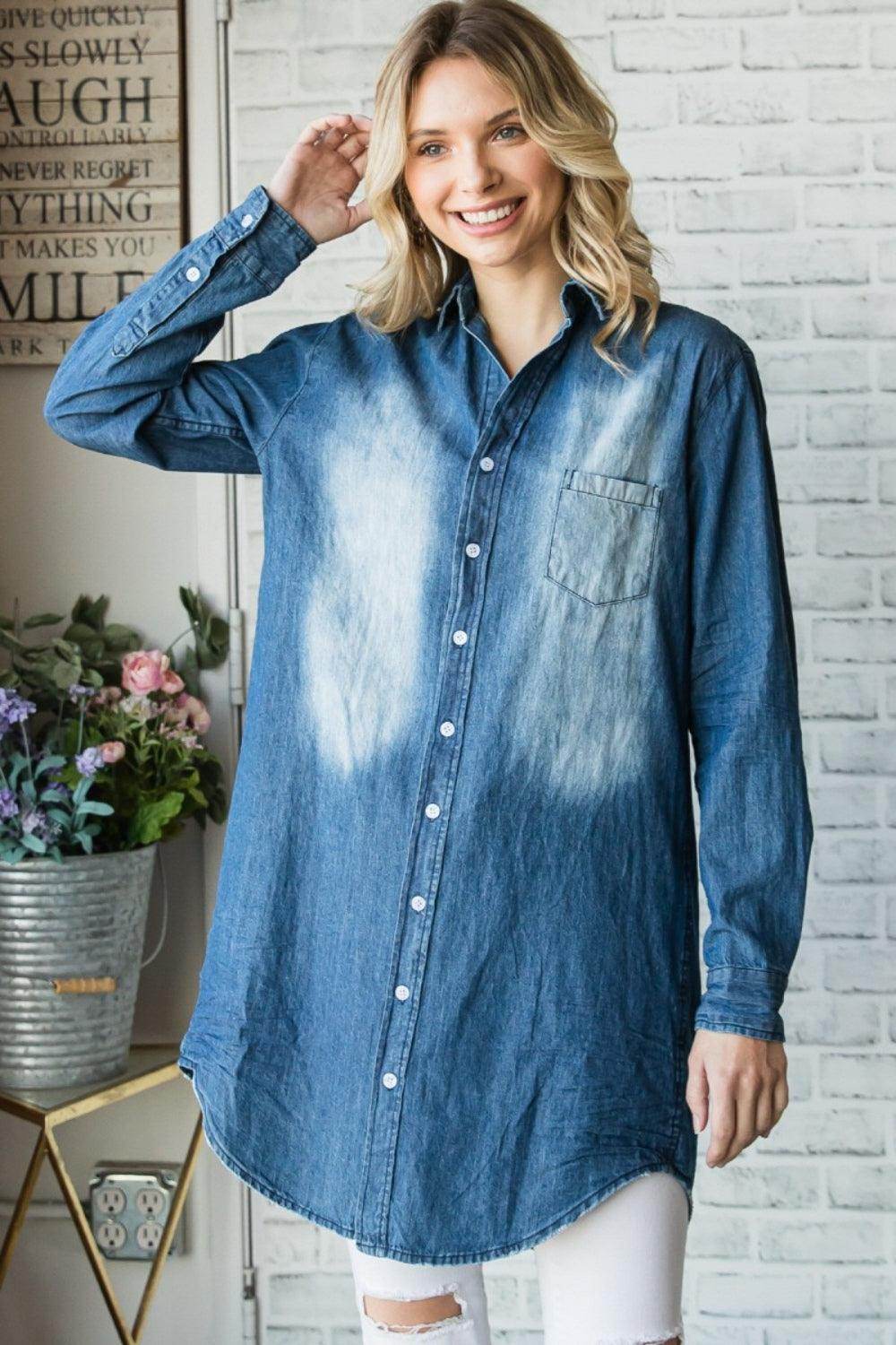 Veveret Pocketed Button Up Washed Denim Shirt for Women