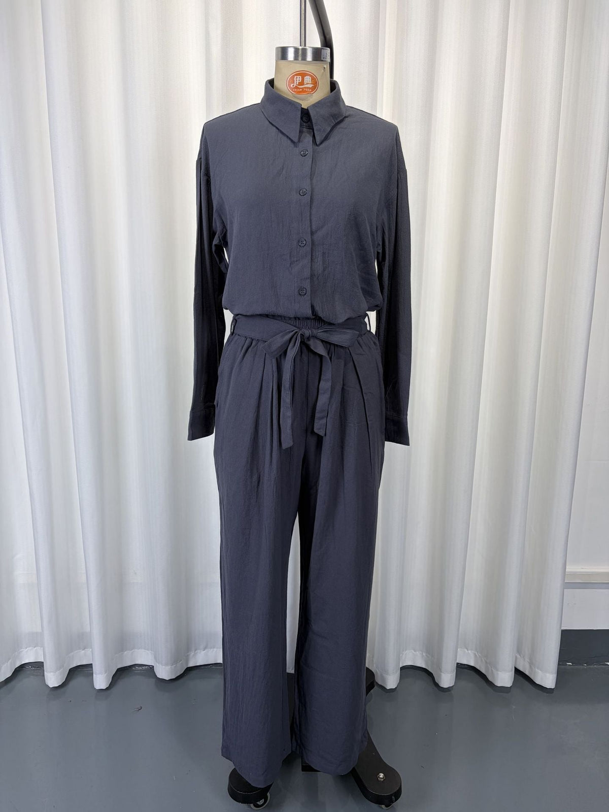 Linen-Look Shirt & Wide-Leg Trouser Set | Drawstring Waist 2-Piece | Gray
