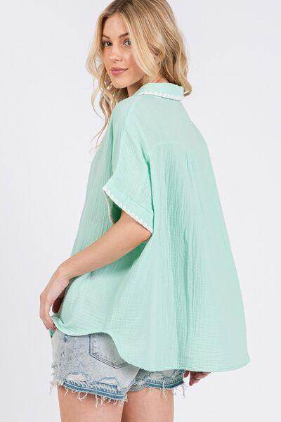 SAGE+FIG Boho Contrast Zigzag Trim Button-Up Shirt