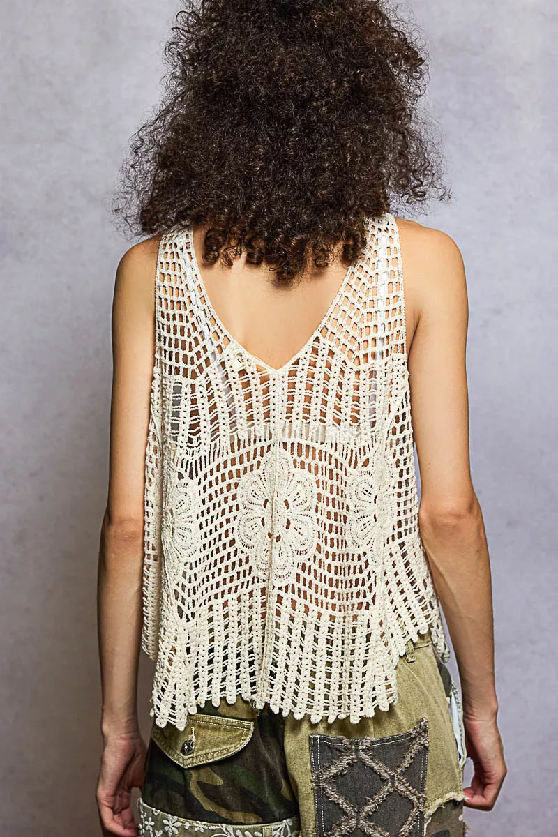 POL Openwork V-Neck Crochet Tank