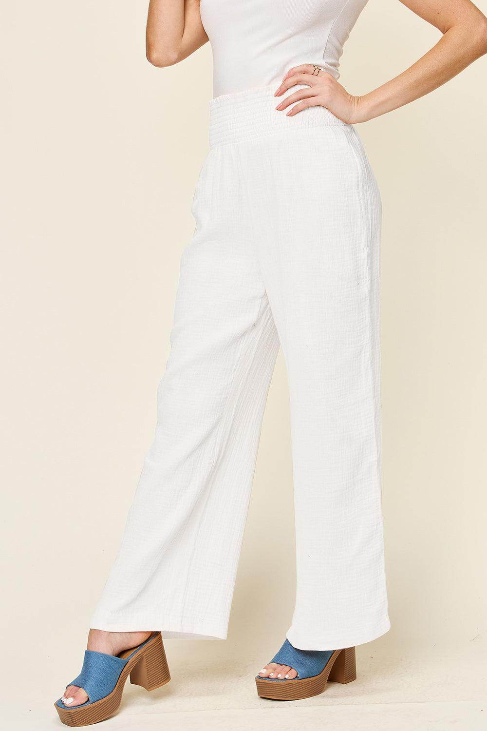 Double Take Full Size Texture Smocked Waist Wide Leg Pants For Women