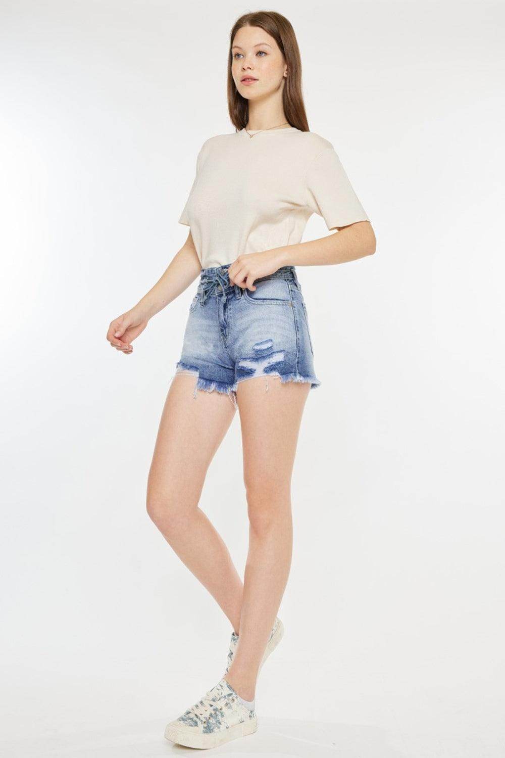 Kancan High Rise Frayed Hem Denim Shorts for Women