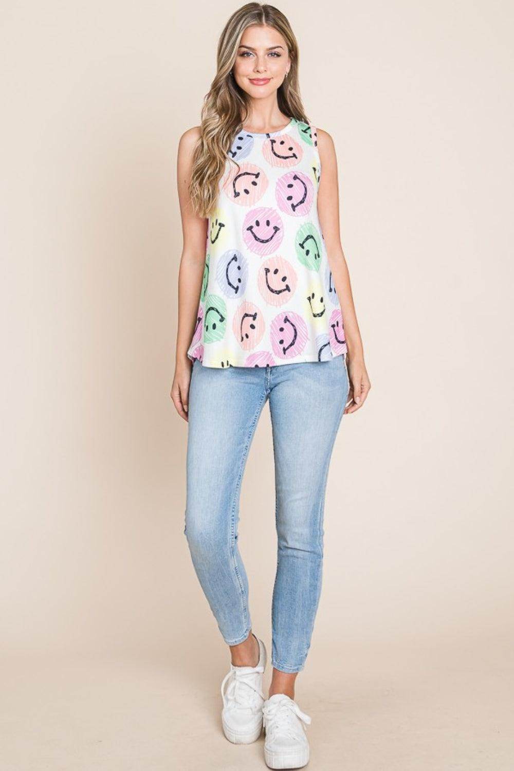 BOMBOM Smiley Face Round Neck Tank for Casual Style