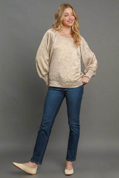 Umgee Wrinkled Round Neck Lantern Sleeve Blouse for Women