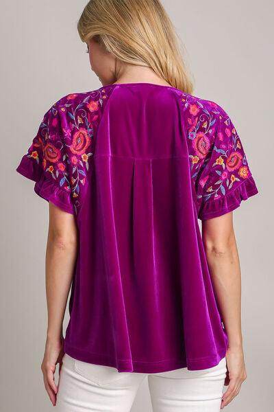 Umgee Full Size Velvet Embroidery Short Sleeve Blouse for Women