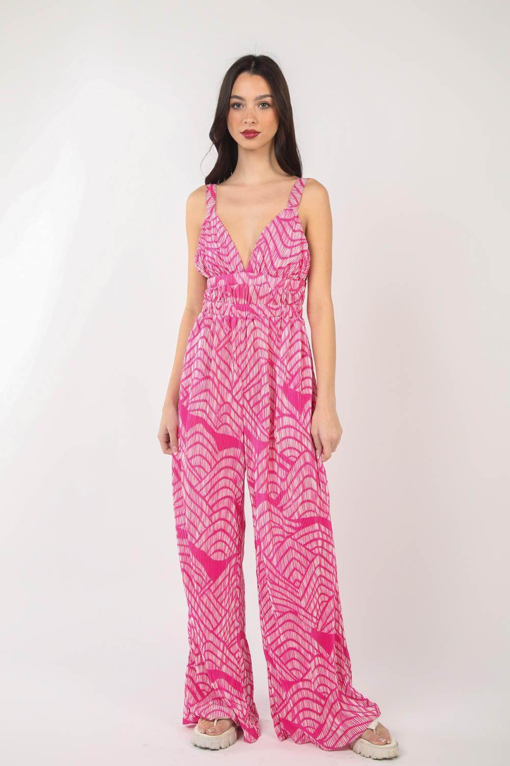 Very J Printed Pleated Sleeveless Wide Leg Jumpsuit