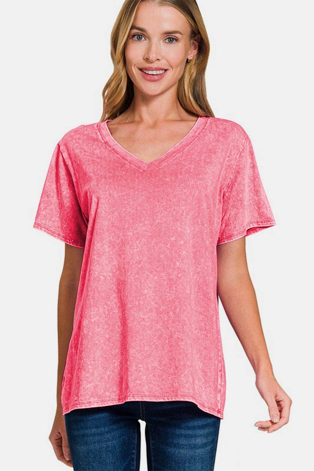 Zenana Full Size Washed Short Sleeve V-Neck T-Shirt Casual