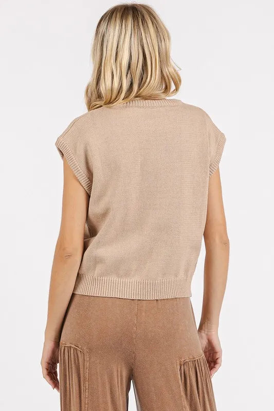 Mittoshop Contrast Letter Round Neck Cap Sleeve Knit Top
