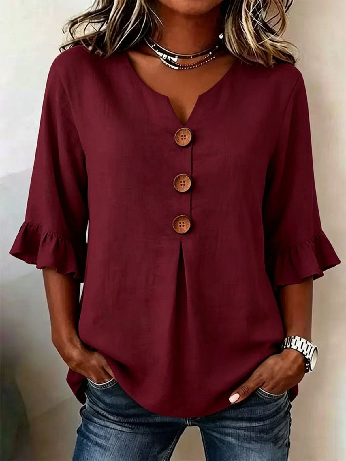 Women's V-Neck Button-Up Blouse — Summer Casual Top