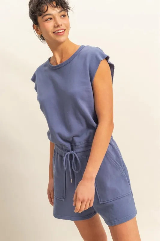 HYFVE Round Neck Cap Sleeve Drawstring Waist Romper