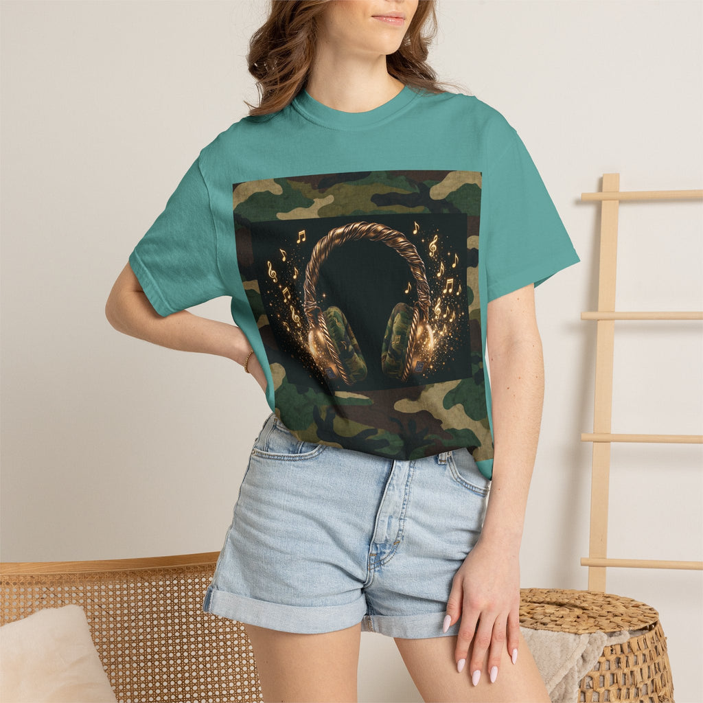 Camo Headphones Tee — Gold Spark DJ Music Graphic T-Shirt