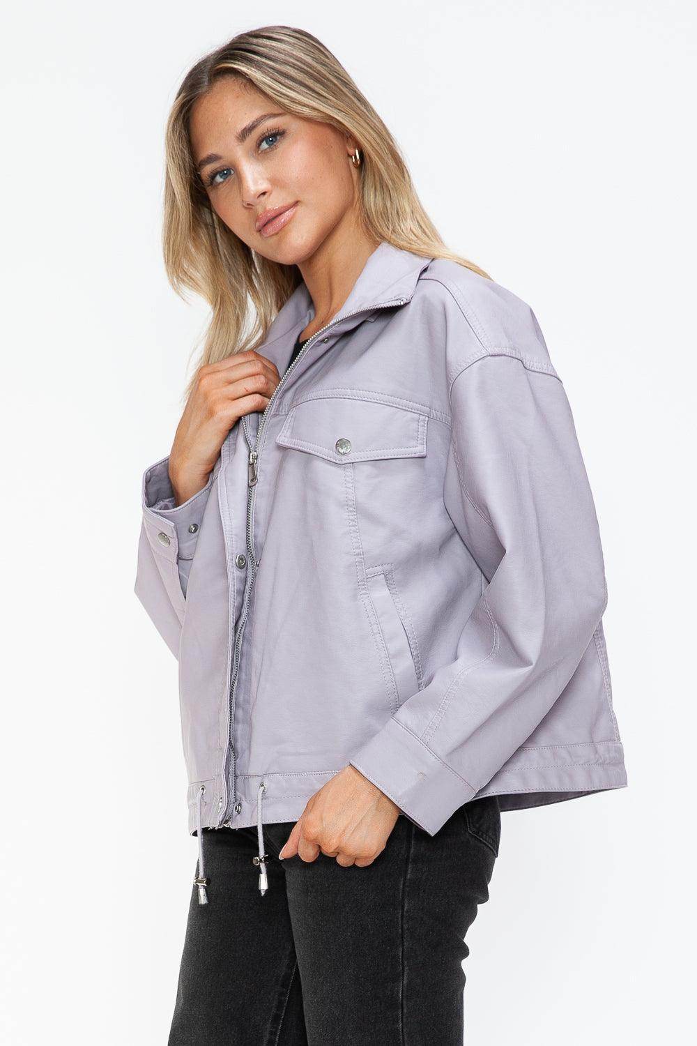 How Dare U Drawstring Hem PU Leather Zip Up Jacket Women