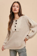Annie Wear Half Button Ribbed Hem Sweater for Women