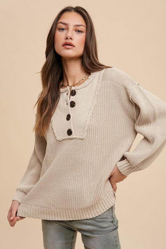 Annie Wear Half Button Ribbed Hem Sweater for Women