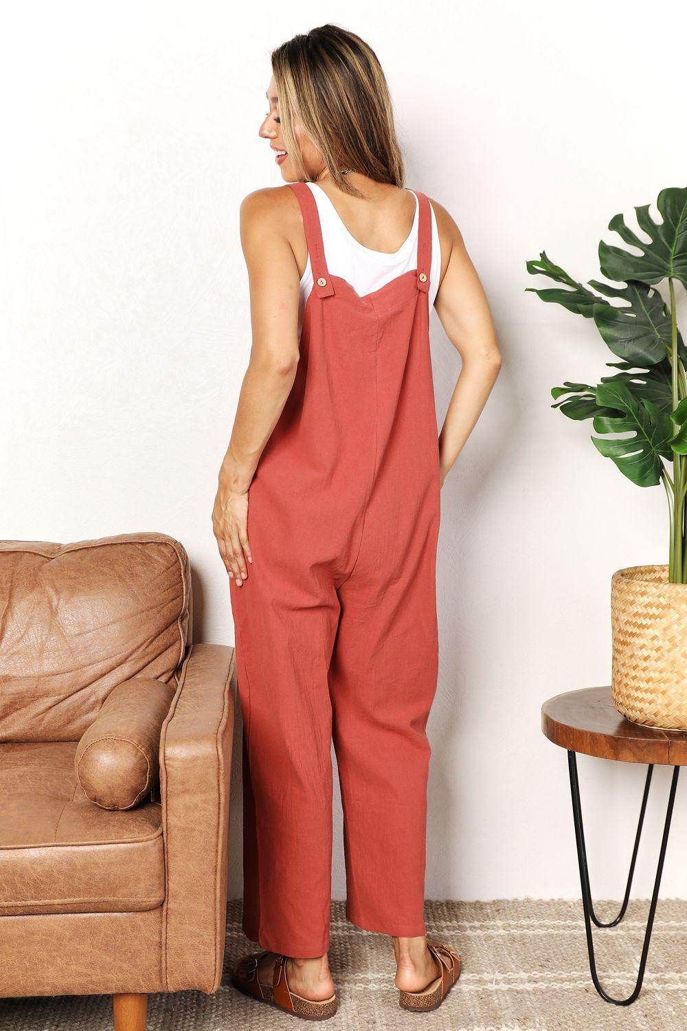 Perfee Wide Leg Overalls with Front Pockets for Women