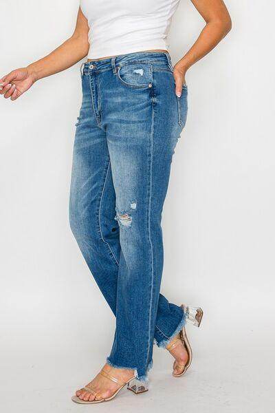 Bytos Full Size Raw Hem Distressed Mid Rise Straight Jeans