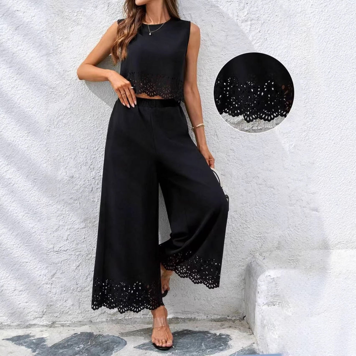 Women's Resort-Style Hollow-Out Tank Top & Pants Set – 2-Piece with Pockets