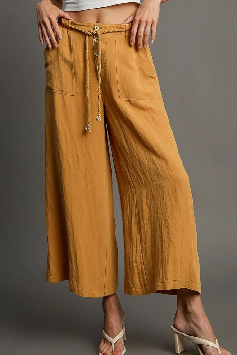 Umgee Full Size Rope Drawstring Wide Leg Pants Plus Size