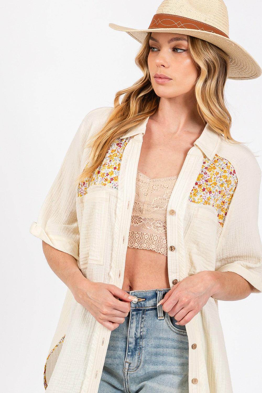 SAGE + FIG Full Size Floral Detail Button Up Shirt