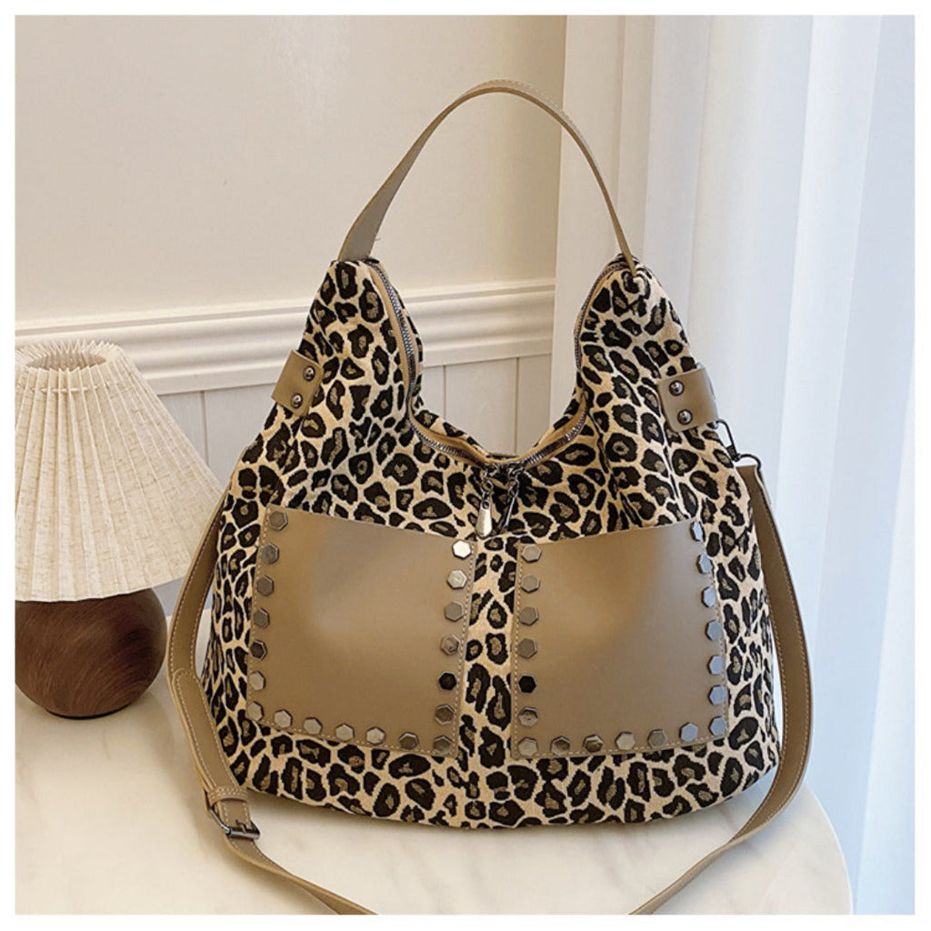 Ladies leopard print large capacity tote bag, vintage hobo bag casual, shoulder bag with crossbody strap, bag shoulder bag women