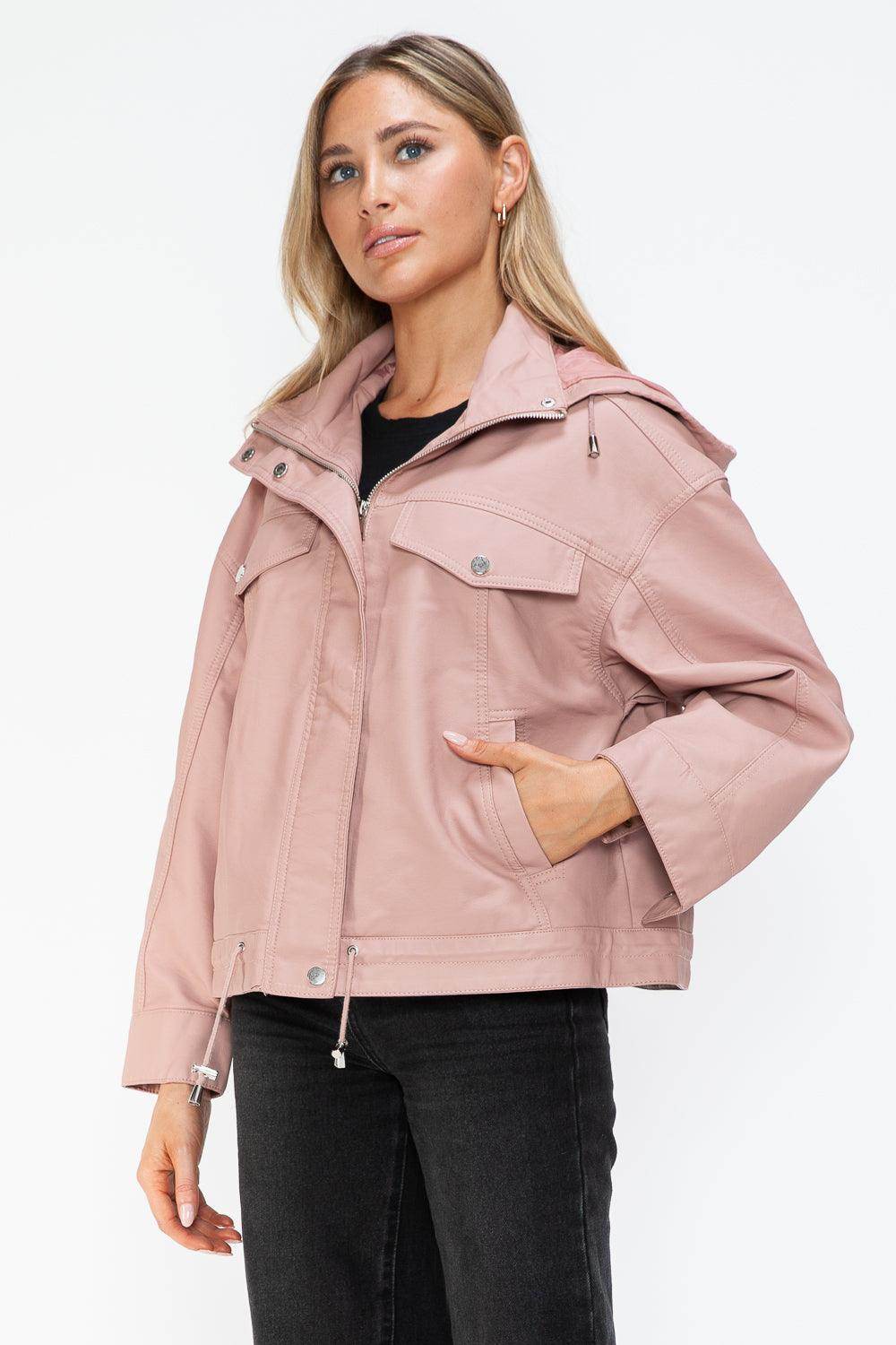 How Dare U Drawstring Hem PU Leather Zip Up Jacket for Women