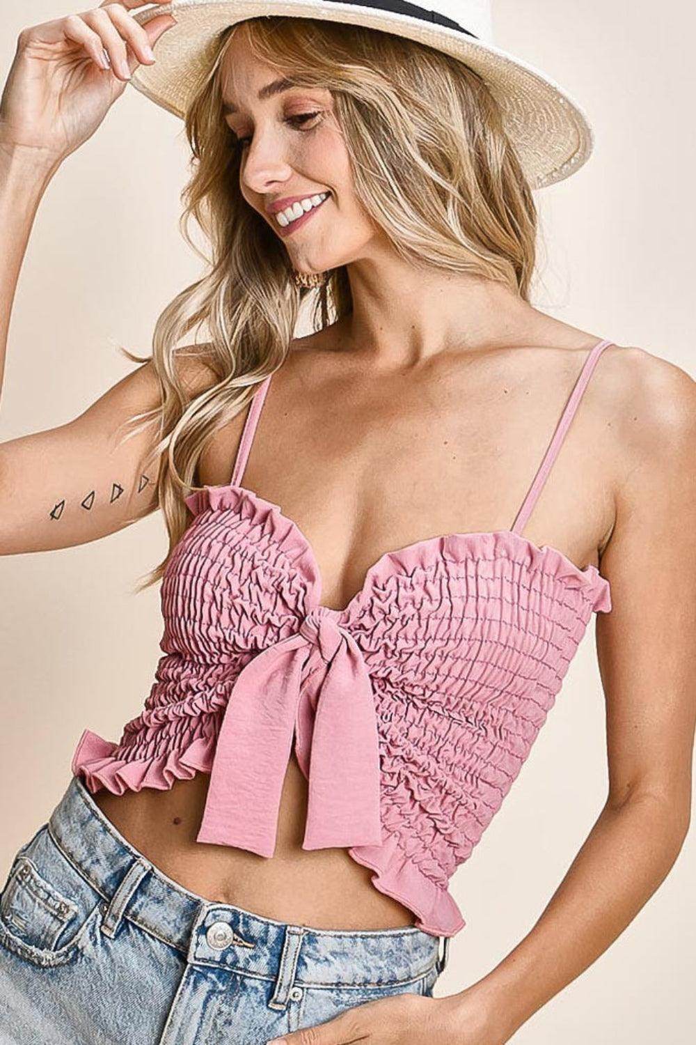 BiBi Ruffled Smocked Ribbon Detail Cami for Women